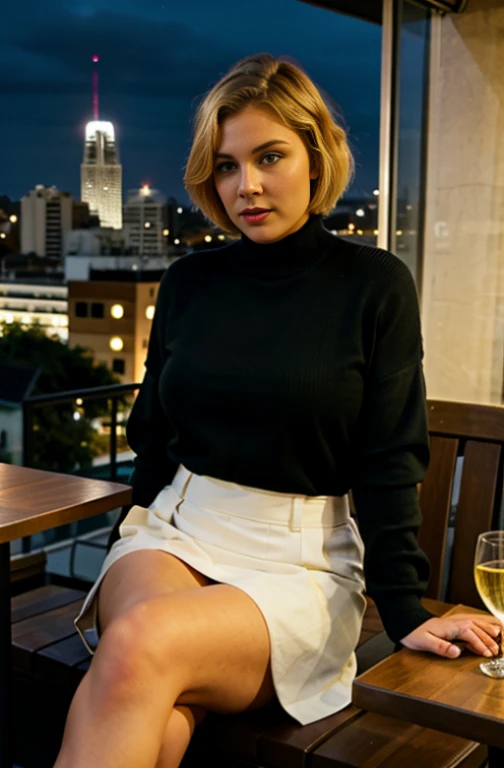 blonde woman, green eyes, 40 years old, (plussize) with short bob hair, she is wearing warm clothes sitting at a table on a terrace of a restaurant at the top of a building, observing a night in São Paulo