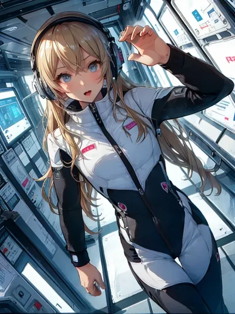 top-quality,Top image quality,in 8K,4K,​masterpiece,ultra-detailliert,Beautiful,ultra-quality, best quality,high resolution, ultra-detailed,game cg,dutch angle,acrobatic pose,jumping,(inside spacestation,)beautiful detailed eyes,five fingers,headphone,nsfw...