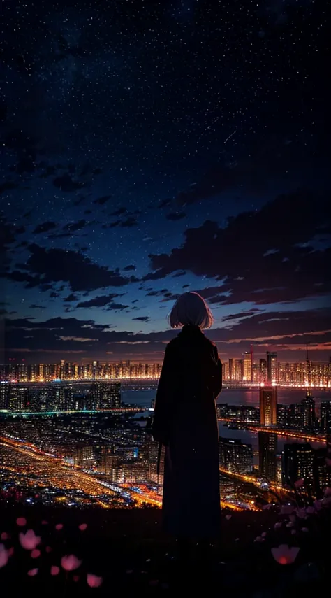 １people々々々々々々々,white haired woman，long coat，silhouette， Rear view，space sky, milky way, anime style, cherry blossoms，夜cherry blossoms，辺り一面に舞うcherry blossoms吹雪，Night view of the city from the mountainside，