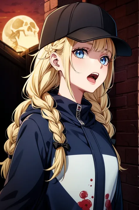 a girl with skull heads and blonde hair in a baseball cap and jacket, 1girl, skull, blood, blue eyes, hat, solo, blonde hair, braid, hood, open mouth, blood on face, baseball cap, looking at viewer, long hair, black headwear, moon, jacket, bangs, twin brai...