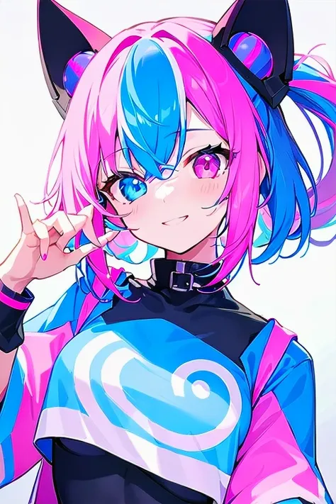 [(WHITE BACKGROUND:1.5),::5], ((((masterpiece)))), high quality, very_high_resolution, large_filesize, full color, ((girl)), 15 old year, short neon blue and pink two-tone colorful hair, vivid color, neon blue and pink heterochromic eye, civilian clothes w...