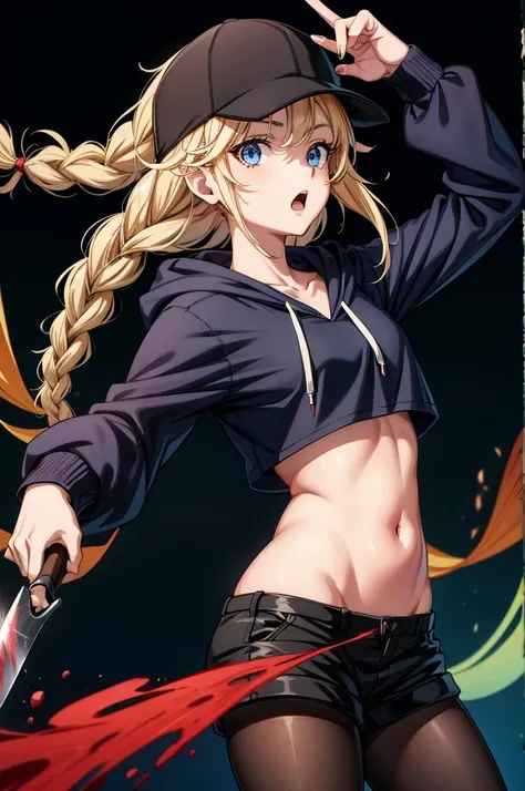 anime character in black cap holding a pair of scissors with blood on them and wielding a large bone knife, 1girl, hat, solo, blue eyes, shorts, navel, blonde hair, black shorts, long hair, pantyhose, open mouth, twin braids, baseball cap, black headwear, ...