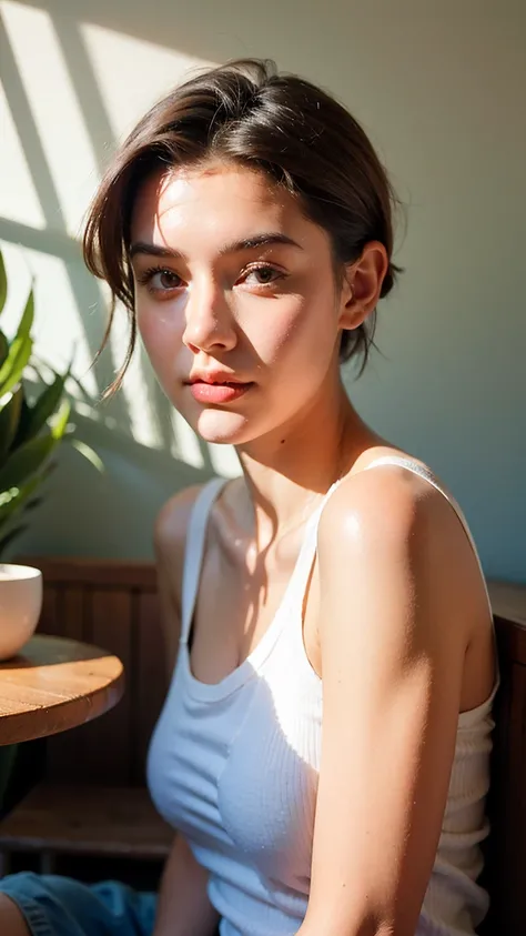 Realistic Photography, Beautiful Young Female ,Short hair ,coffee shop, extremely delicate and beautiful},Outstanding light and shadow, highly detailed wallpaper,Clear and bright sunlight, taking a selfie