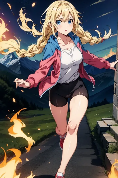 there is a blonde haired anime style woman running on something on fire, 1girl, solo, blue eyes, blonde hair, outdoors, braid, long hair, jacket, bike shorts, mountain, looking at viewer, collarbone, sky, breasts