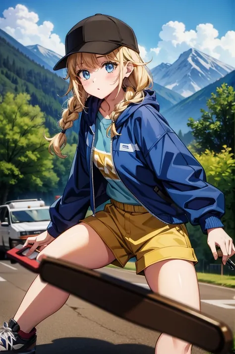 a character wearing a hockey outfit and holding a skate board in front of mountain range, 1girl, solo, long hair, braid, outdoors, blue eyes, blonde hair, hat, baseball cap, bicycle, jacket, mountain, ground vehicle, black headwear, day, pantyhose, yellow ...