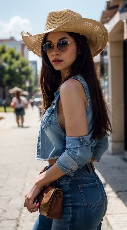 4K Ultra HD, Best quality, A girl, Good face, sun glasses, Detailed lips, Long hair, Straight hair, Wear denim, Cowboy hat, Blurred background, Relaxed atmosphere, Full body capture,