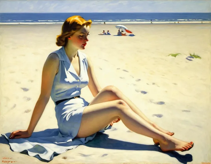 Art by Edward Hopper, girl sitting , sunbathing on the beach. American Realism.