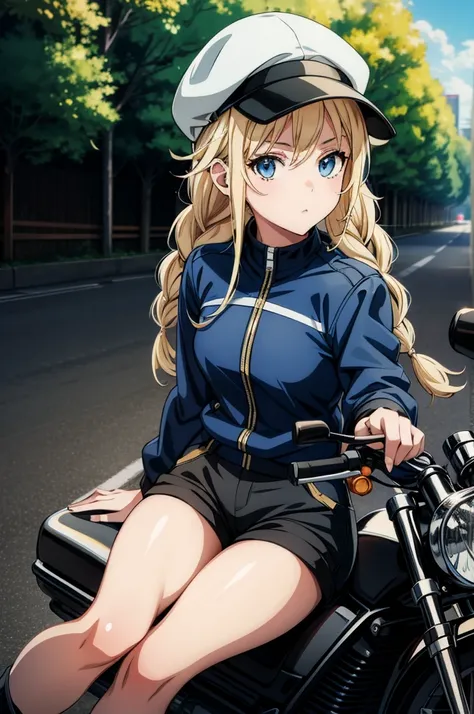 a blonde anime styled girl is sitting on a motorcycle and staring up, 1girl, ground vehicle, solo, blonde hair, motor vehicle, jacket, braid, twin braids, hat, blue eyes, long hair, outdoors, shorts, motorcycle, black shorts, looking at viewer, black footw...