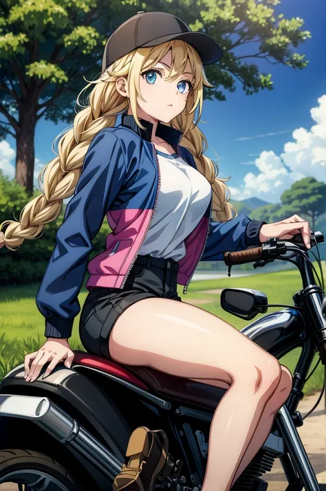 a girl on a motorcycle sitting next to a tree a female anime style character in her shorts sitting on her bike, 1girl, ground vehicle, solo, outdoors, hat, braid, blonde hair, twin braids, shorts, blue eyes, black shorts, long hair, jacket, motor vehicle, ...