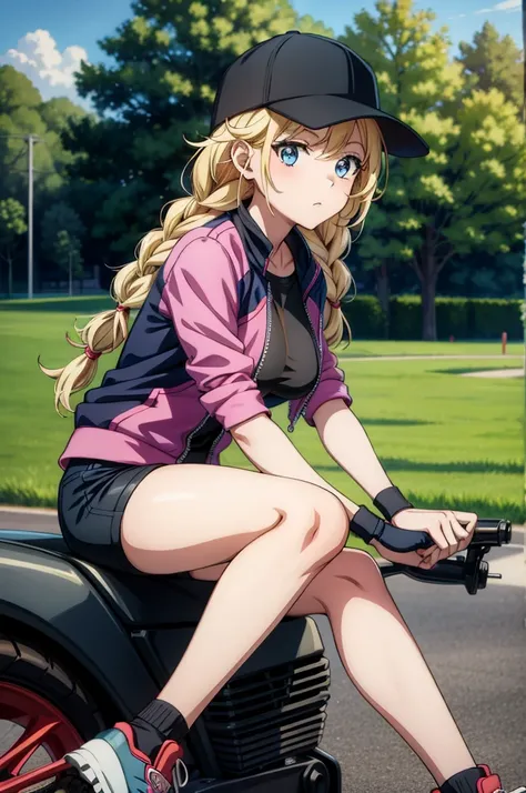 a girl on a motorcycle sitting next to a tree a female anime style character in her shorts sitting on her bike, 1girl, ground vehicle, solo, outdoors, hat, braid, blonde hair, twin braids, shorts, blue eyes, black shorts, long hair, jacket, motor vehicle, ...