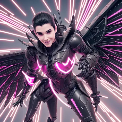 Long nose, Pale face, Big smile, Slightly spiky black hair, Basic black clothing, Dark and pink armor, Core in the center of the chest, Large neon wings, Suspended in the air, with wires holding it, Large stature, Robot