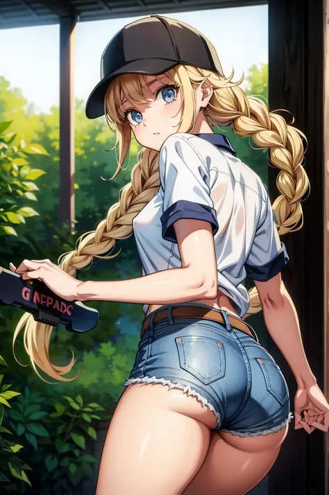 pretty cartoon blonde teenage girl in shorts riding on a skateboard and wearing a baseball cap, 1girl, shorts, solo, ass, twin braids, braid, hat, blue eyes, breasts, blonde hair, long hair, looking back, shirt, baseball cap, looking at viewer, denim, cove...