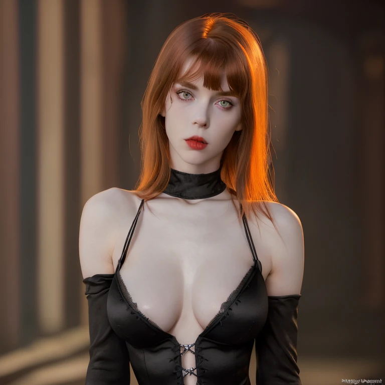 (Realistic:1.2) beautiful redhead girl with very pale skin, young goth white girl, girl short dark red hair, cute face, bangs over the forehead, seductive look,  detailed costume, best performance, 16k quality, HDR, RAW photo, gothic sexy girl, pretty youn...