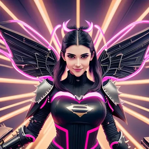 Long nose, Pale face, Big smile, Slightly spiky black hair, Basic black clothing, Dark and pink armor, Core in the center of the chest, Large neon wings, Suspended in the air, with wires holding it, Large stature, Cannon on the left arm, White high heels, ...