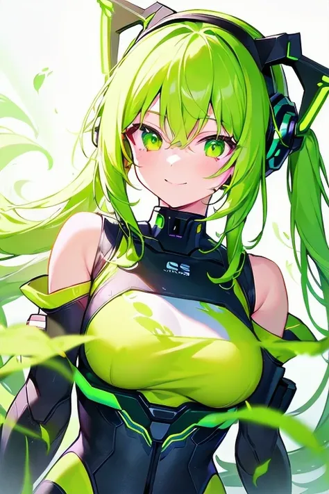 [(WHITE BACKGROUND:1.5),::5], ((((masterpiece)))), high quality, very_high_resolution, large_filesize, full color, ((cyborg girl)), 15 old year, upper body, green neon color hair, (neon light mecha musume:1.2), vivid color, green neon color eye, civilian c...