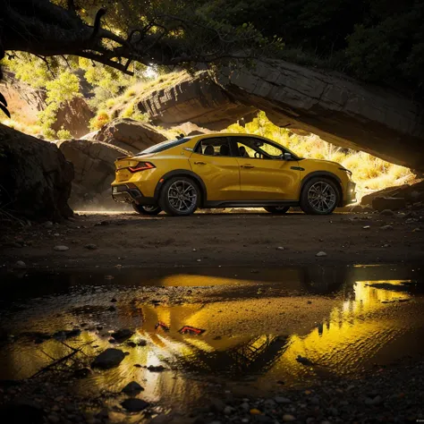 A 2024 sequoia car in a chiaroscuro environment with neon yellow accents., con elementos de brillo naranja, and an additional layer of reflection, estilo crudo [low angle], action scene, dynamic action, film grain, Desenfoque de movimiento, Epic realism, f...