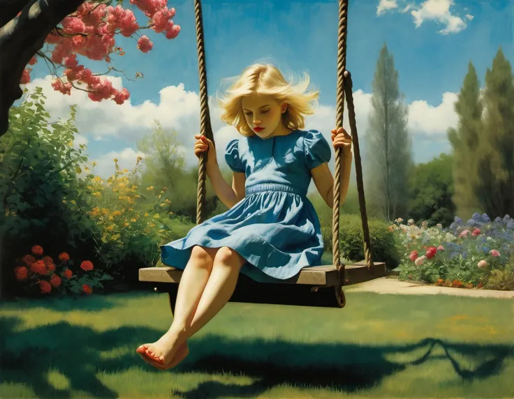 Art by Edward Hopper and Jan Saudek full figure of a six yearold beautiful girl with windswept blonde hair  on a swing ,in a garden with colourful flowers clear blue sky, Enchanting and ethereal scene.