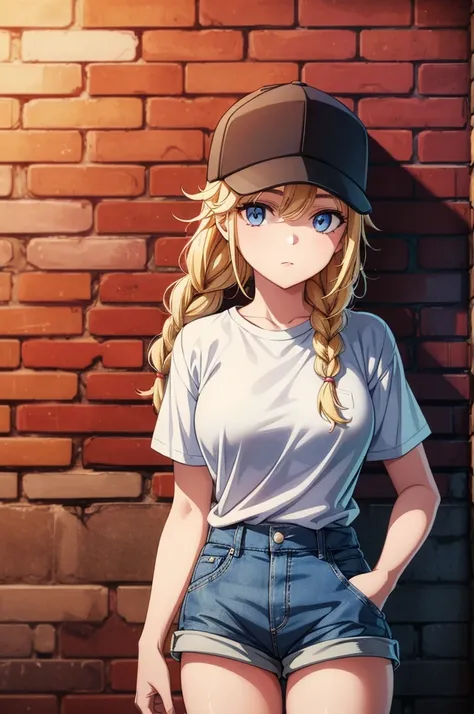 a woman wearing a cap and shorts standing under a brick wall with brick, 1girl, solo, hat, shorts, baseball cap, shirt, short sleeves, blue eyes, blonde hair, braid, long hair, white shirt, shirt tucked in, thighs, breasts, denim, brick wall, looking at vi...