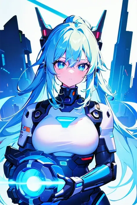 [(WHITE BACKGROUND:1.5),::5],  ((((masterpiece)))), high quality, very_high_resolution, large_filesize, full color, ((cyborg girl)), 15 old year, upper body, neon color hair, (neon light mecha musume:1.2), vivid color, neon color eye, civilian clothes whit...