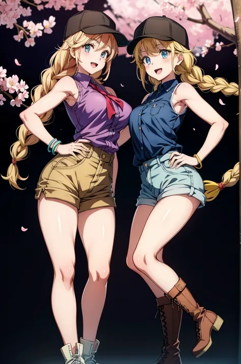 two female anime characters in top hats with flowers in background pose for picture, shorts, braid, blonde hair, multiple girls, 2girls, blue eyes, long hair, breasts, open mouth, hat, smile, sleeveless, brown shorts, shirt, looking at viewer, jewelry, blu...