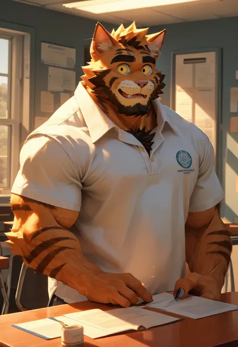 (masterpiece)，(Very detailed)，(best quality)，hairy，Cat，Orange fur，Golden pupils with some muscles，(white casual wear)，((funny expression))，8K，(high quality)，(ultra high definition)，(super detailed)(high school student)