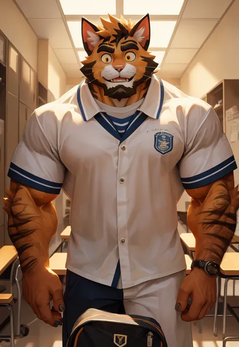 (masterpiece)，(Very detailed)，(best quality)，hairy，Cat，Orange fur，Golden pupils with some muscles，(white casual wear)，((funny expression))，8K，(high quality)，(ultra high definition)，(super detailed)(high school student)