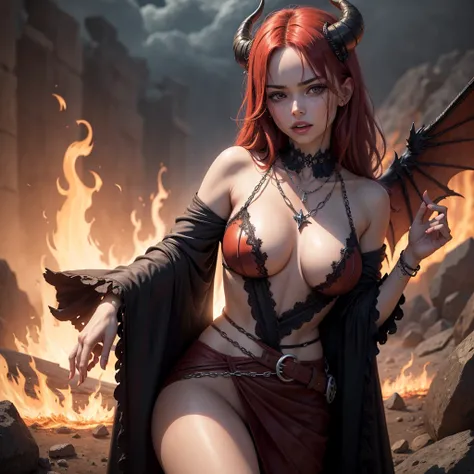 (best quality,4k,8k,highres,masterpiece:1.2),ultra-detailed,(realistic,photorealistic,photo-realistic:1.37),terrifying scene in hell,flames everywhere,winged demons,devil young female defiant gesture, evil gesture,naked,, ,reddish skin,horns,tail,demonic e...