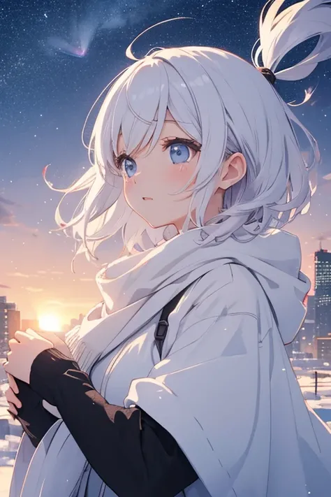 1 female、　city at dawn、The starry sky high in the sky turns white with the light of the rising sun、A woman in winter clothes watching the sunrise、detailed face、black short hair、Crying quietly