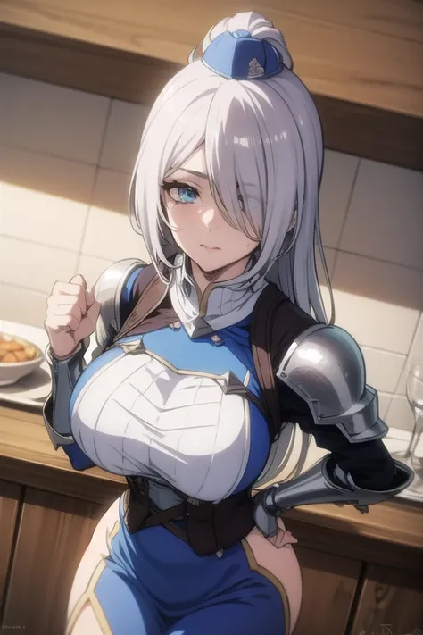 mature women,milf,large breast,beautiful face,long hair, shiny hair, blue eyes,high detailed,white hair, hair over one eye,masterpiece,cowboy shot,perfect anatomy,cleveage,dynamic pose,Blue gold Knight armor, skirt,head band,motherly,no pupils,