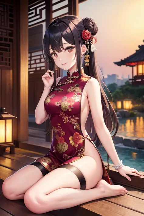 best quality,official art,Extremely detailed CG unified 8k wallpaper, (Wide-angle lens),1 girl, (Meiyu Edelfeldt),,black hair,brown eyes,seductive smile,National Science Foundation, barefoot, see through dress, Butterfly, Butterfly hair accessories, backle...