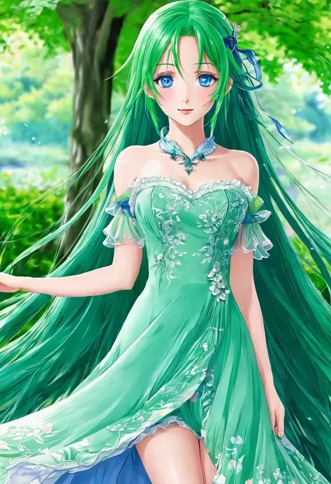 Anime girl with blue eyes, long green hair, and a gorgeous dress 