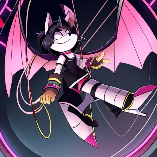 Long nose, Pale face, Big smile, Slightly spiky black hair, Basic black clothing, Dark and pink armor, Core in the center of the chest, Large neon wings, Suspended in the air, with wires holding it, Large stature, Cannon on the left arm, White high heels, ...