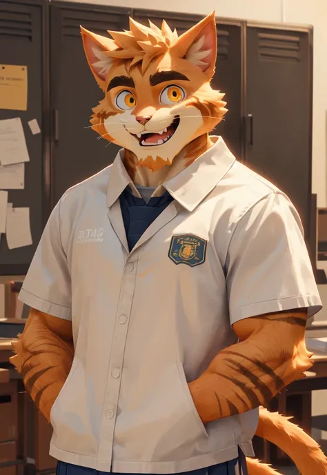 (masterpiece)，(Very detailed)，(best quality)，hairy，Cat，orange fur，golden eyes，Cute style，Slightly muscular，(white casual wear)，((funny expression))，8K，(high quality)，(ultra high definition)，(super detailed)(High school student)