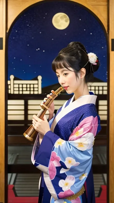 moon　woman wearing kimono　musical instrument　Ukiyo-e　