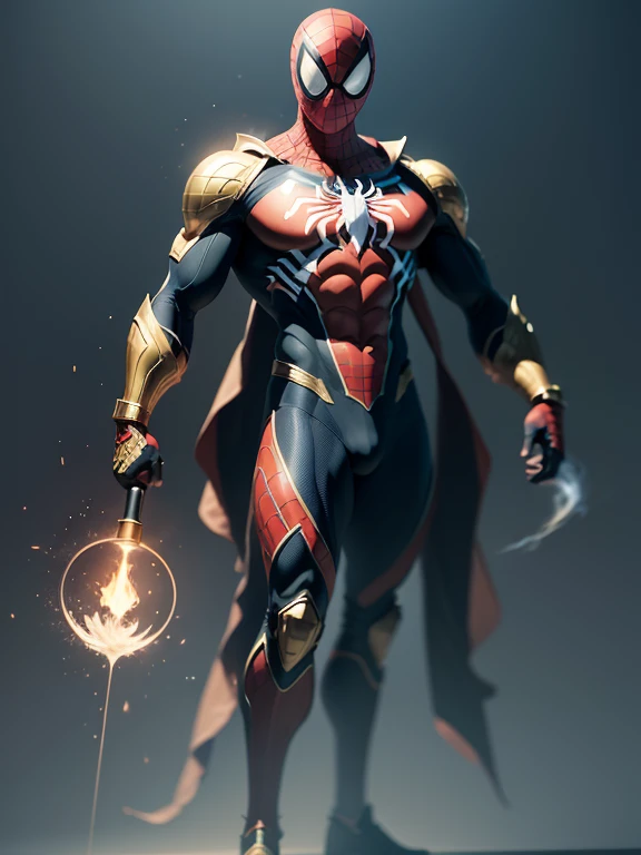 (hyper-realistic digital illustration), Signing, best quality, Spider Man / Mile Moral wears micro gold, Full pole, Upright convex, transparent gold, black skin, Mysterious and majestic, looking at camera, Staring Through, full body, Full view, perfect bod...