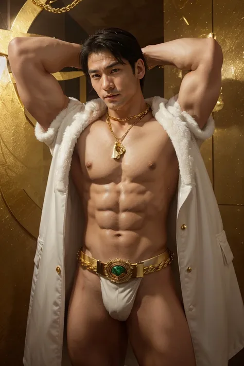 A muscular Korean man in a wonderland, 20 years, Wear a rich white color with snow. (Layer of fur on shoulders and back) With a very long battery life, Underneath which his very muscular body could be seen., Focus on the male body. Above his head, there wa...