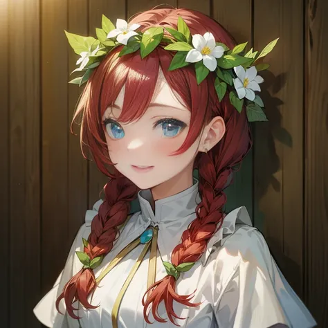 anime girl with red hair and flower crown in front of wooden wall, rin, cute anime girl portraits, has a laurel wreath, cute anime girl portrait, kawaii realistic portrait, marin kitagawa fanart, beautiful anime portrait, painted in anime painter studio, p...