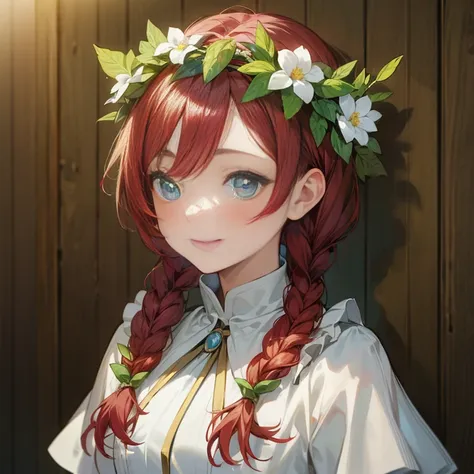 anime girl with red hair and flower crown in front of wooden wall, rin, cute anime girl portraits, has a laurel wreath, cute anime girl portrait, kawaii realistic portrait, marin kitagawa fanart, beautiful anime portrait, painted in anime painter studio, p...