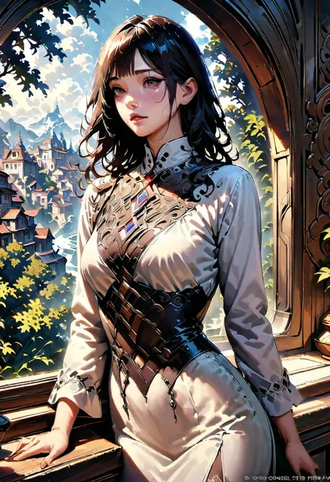 girl, by window, outdoor, realistic, detailed background, (masterpiece, best quality, perfect composition, very aesthetic, absurdres, ultra-detailed, intricate details, Professional, official art, Representative work:1.3), (Animagine:0.01)