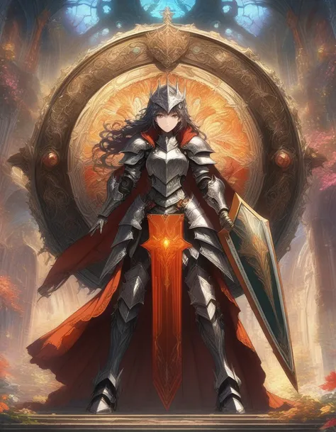 1girl, Knight holding a shield, breathtaking A highly detailed digital painting of a powerful knight in armor holding a large, ornate shield in a heroic stance, extremely detailed full body knight in shiny silver armor with intricate patterns, standing in ...