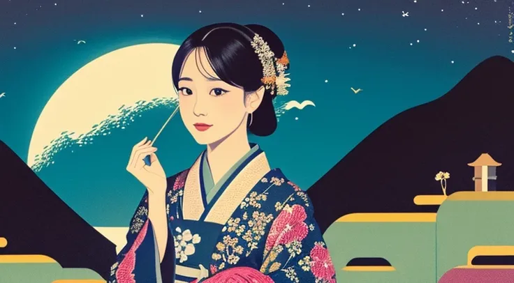 moon　woman wearing kimono　Shakuhachi　Ukiyo-e　Boat　Ukiyo-e