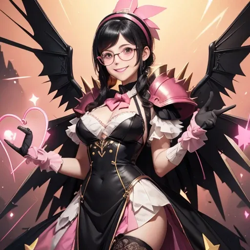 A ventriloquists dummy with a long nose, pale face, big smile, slightly spiky black hair, wearing a pair of pink and yellow glasses, black and pink armor, triangle-shaped core in the center of the chest, large cardboard wings, suspended from the air, with ...