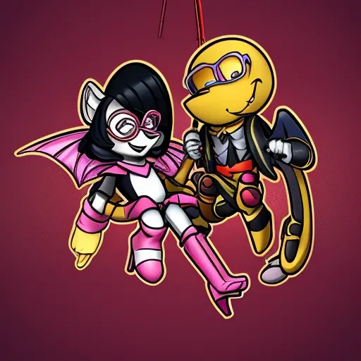 A ventriloquists dummy with a long nose, pale face, big smile, slightly spiky black hair, wearing a pair of pink and yellow glasses, black and pink armor, triangle-shaped core in the center of the chest, large cardboard wings, suspended from the air, with ...