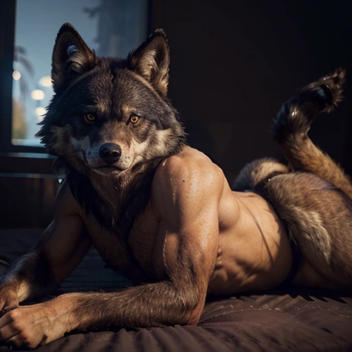 ((symmetrical eyes, dark retinas, simple eyes, large wide eyes)), ((solo)), anthro, male, (wolf), ((sexy, hairy body)), laying on side, shy, (tail:1.2), by blotch, by kenket, (masterpiece, 8k, (perfect hands), correct anatomy:1.2), detailed background, bed...