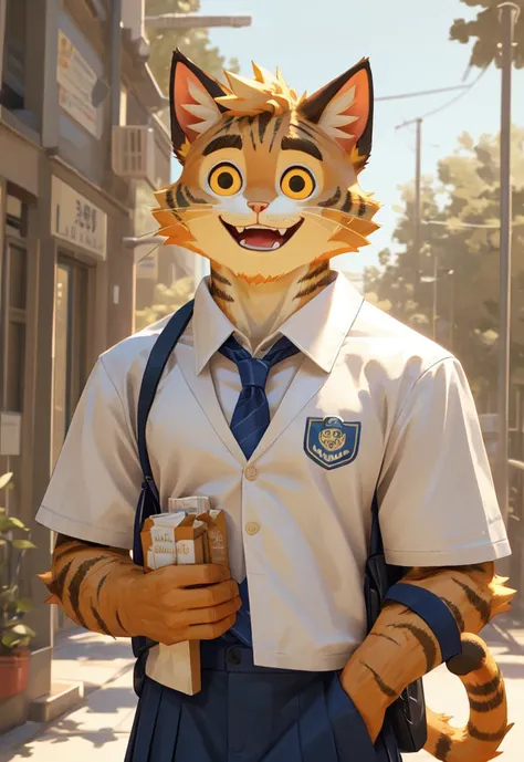 (masterpiece)，(Very detailed)，(best quality)，hairy，Cat，orange fur，Small Eyes，golden pupils，cute style，Slightly muscular，Sunny and cheerful，(white casual wear)，((funny expression))，8K，(high quality)，(ultra high definition)，(super detailed)(High school stude...