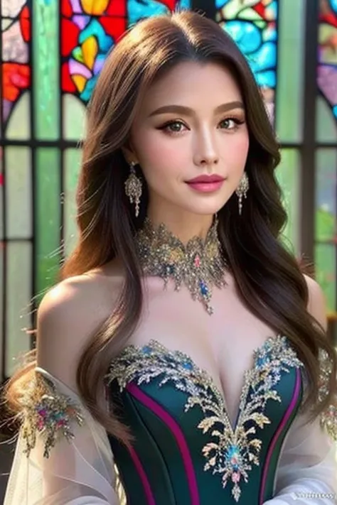 ((masterpiece, highest quality,High resolution、edge quality)),delicate face、detailed eyes and face、double eyelid、pretty face、rembrandt lighting,smile、edge FD, a dress made out of stained glass ,woman wearing edge FD, fantasy_dress
 