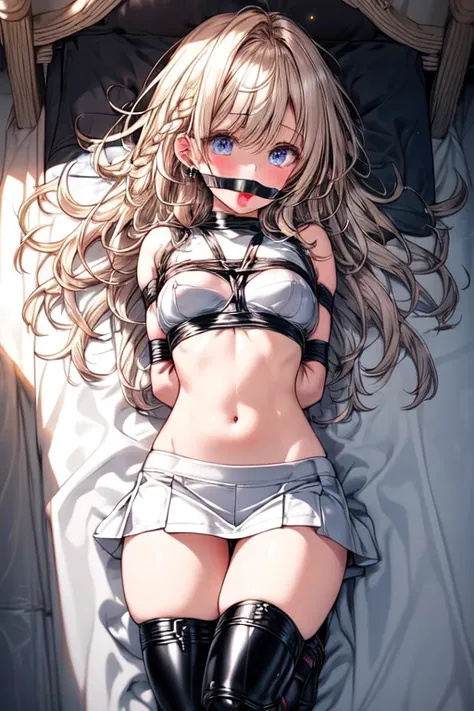 Shiny blond hair, very long hair, sophisticated haircut, ((((hair fully braided)))), ((small twisted braids)), thin and oval face, submissive, (((gagged))), ((((tight latex crop top)))), ((((tight latex skirt)))), cute and blushing 18 years old anime girl,...