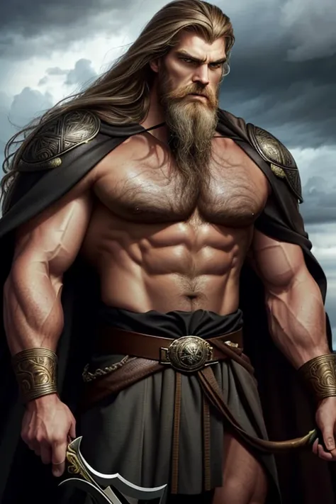 In the stormy and rainy weather, a man stands tall and imposing, resembling the Germanic king Otto the Great. His face bears the intense expression of a super villain, with a long brown beard flowing down his chest, evoking the typical Germanic aesthetic. ...