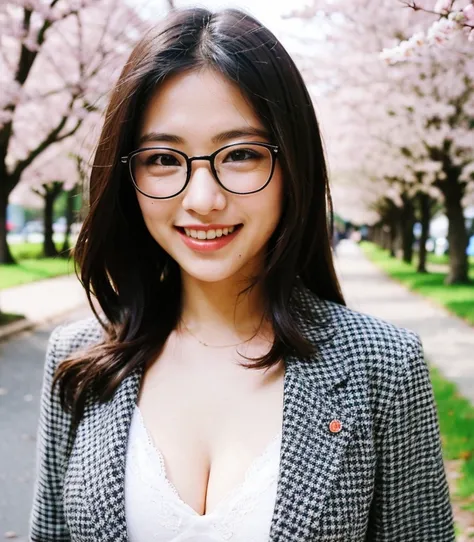 ((最high quality、8K、masterpiece、portrait:1.3)), hair, fine eyes, Single-lens reflex camera, high quality, beautiful japanese woman, 38 years old, Glasses, plump body, big breasts、cleavage，黒く長い美しいhair,　Walk along the riverside cherry blossom trees、Feminine c...