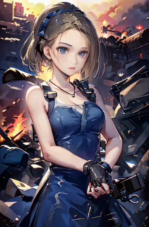 Masterpiece, Best quality, Bubbles, Blue dress, Blonde pigtails, east face, Insanely detailed eyes, Intense look, Fighting position, Destroyed city, Distant fires, Rising smoke, 